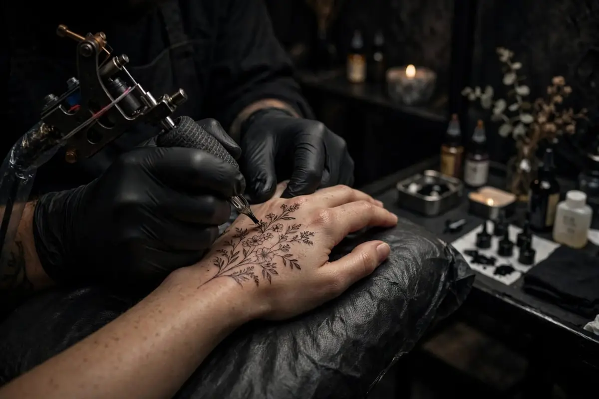 Tatuador realizando un tatuaje floral a mano