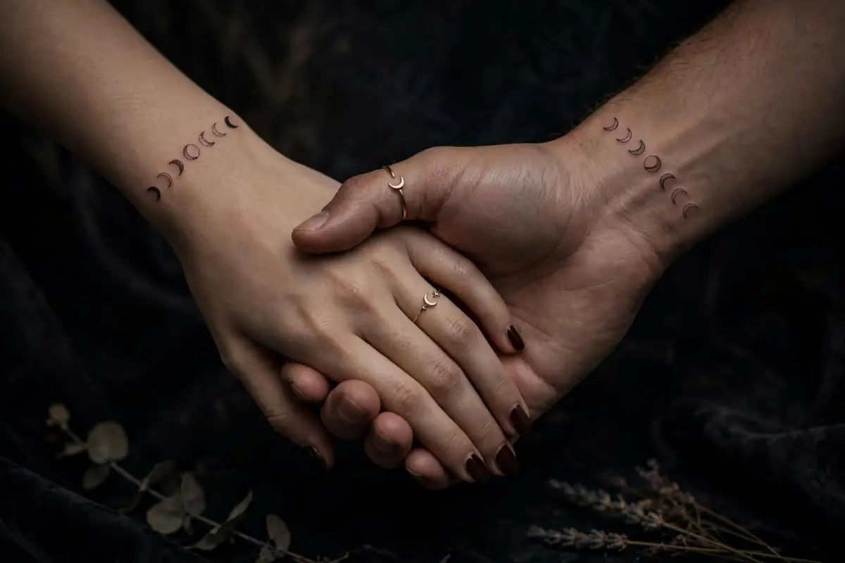 Manos entrelazadas con tatuajes de fases lunares
